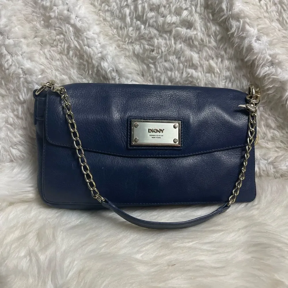 DKNY Melissa leather Navy Blue satchel with silver tone chain strap.
